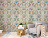 Luxurious peacock wallpaper inspired by traditional rug patterns